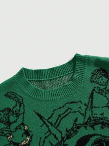 ROMWE MEN Street Life 男士圆领印花针织套头毛衣，秋冬款 - 綠色 - 查看 3