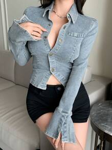DAZY Women's Patchwork Long Sleeve Denim Blouse,Fall Clothes,Jeans Jacket - Light Wash - View 1