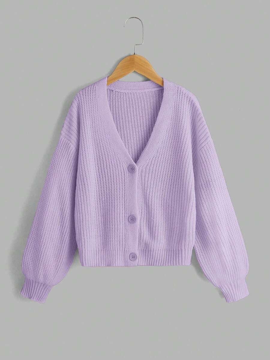 SHEIN Blusa básica de manga larga con botones delanteros de unicolor para niña preadolescente, uso casual de otoño/invierno - Morado - Ver 1