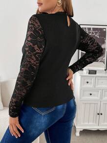 SHEIN Frenchy Plus Size Women's Spring Autumn Contrast Lace Keyhole Neck Long Sleeve Slim Elegant T-Shirt