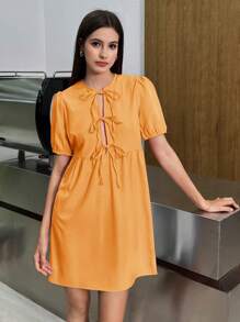 INAWLY Vestido holgado de manga abullonada corta con abertura frontal de amarre en unicolor para mujer de talla grande de verano