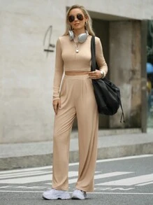 Chiquease 2pcs/Set Comfortable Zipper Top And Loose Pants Casual Sportswear Set - Brown - View 4