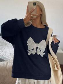 DAZY 女式超大圆领蝴蝶蕾丝刺绣运动衫，秋季新品 - 藏蓝色 - 查看 6
