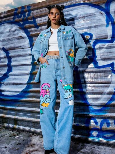 Andonella Artist Casual Cartoon Print Cowgirl Straight-Leg Jeans, Holiday, Vacation, Festival