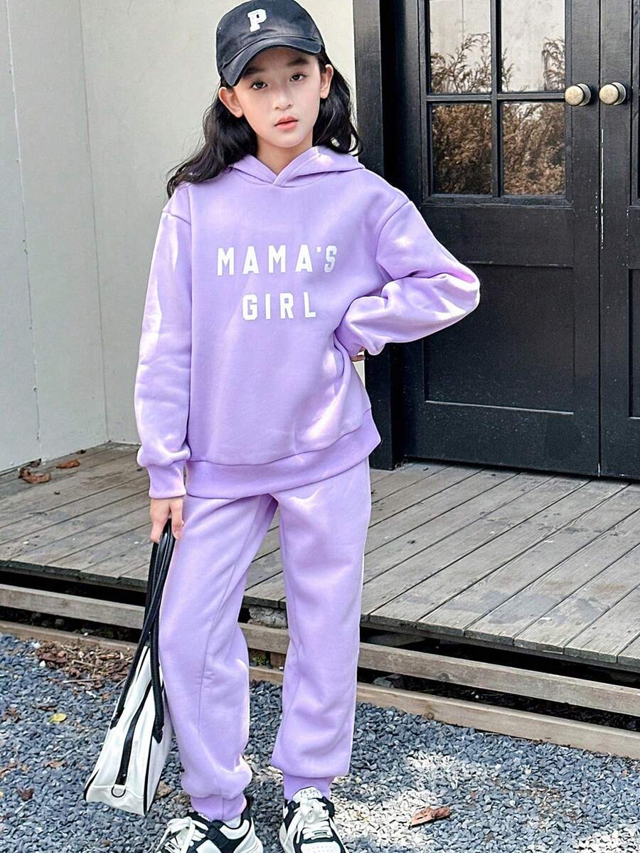 SHEIN 2pcs/Set Purple Hooded Letter Print Basic Casual Sweatshirt And Sweatpants, Spring & Autumn - Purple - View 1