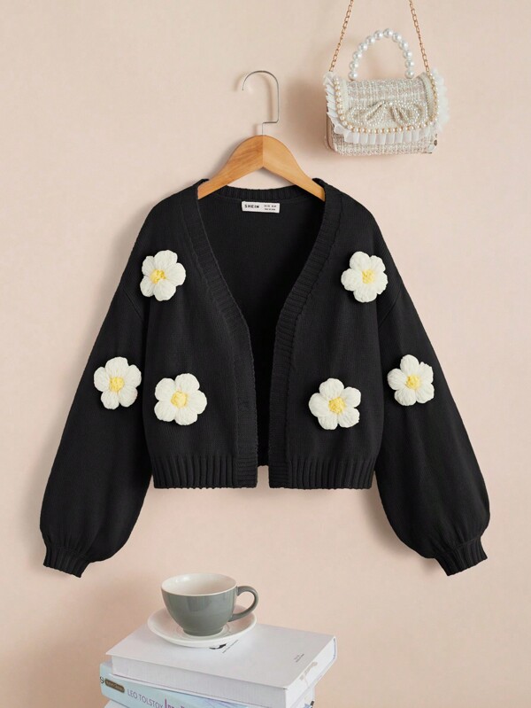 SHEIN Tween Girl 3D Floral Decor Long Sleeve Loose Cardigan, Autumn Winter