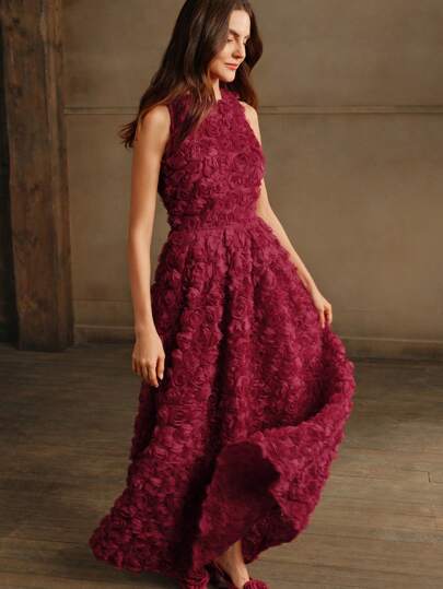 Anewsta 女士优雅玫瑰花朵 3D 点缀无袖编织礼服酒红色新年服装长款女装