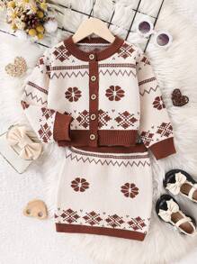 SHEIN Young Girl Patterned Knitted Jacket And Skirt Set, Suitable For Daily Wear And Outings - Coffee Brown - View 7
