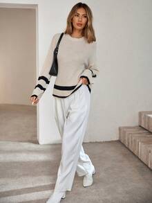 Women's Casual Colorblock Striped Drop Shoulder Long Sleeve Loose Sweater, Autumn - Beige - View 4