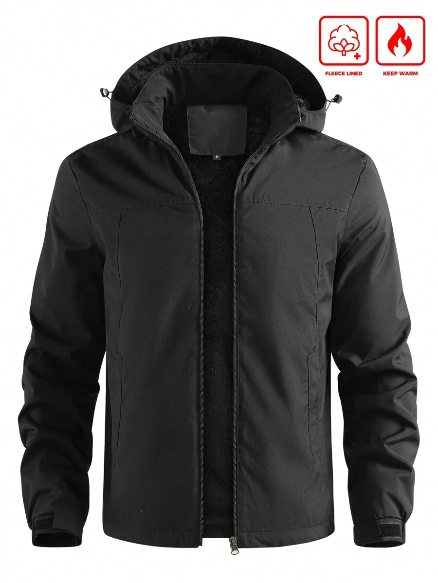 Manfinity Homme Męska kurtka wiatroszczelna z kapturem, kurtka termiczna, płaszcz zewnętrzny, kurtka z długim rękawem i flanelą, na wyjście, dla przyjaciół, męża, chłopaka