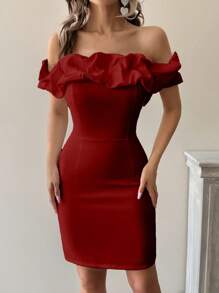 EURMUSE Vestido elegante con diseño de flor 3D, bajo con volantes, hombros descubiertos - Rojo - Ver 6