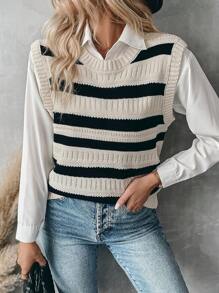 Chiquease Women Casual Colorblock Striped Pattern Knitted Sweater Vest, Shirt Not Included