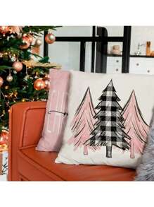 4 件圣诞枕套 18x18 套装适用于圣诞节装饰水牛格子圣诞树欢乐雪枕套冬季节日抱枕农舍沙发装饰 - 粉色 - 查看 3