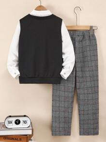 SHEIN 青少年男孩 3 件套：纯色长袖衬衫 + V 领背心 + 格纹印花松紧腰裤，正装，适合圣诞节 - 彩色 - 查看 2