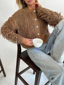 EURMUSE Women Fringe Detailed Button Front Elegant And Cool Cardigan - Camel - View 4