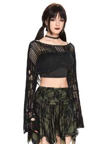 ROMWE Fairycore Women's Solid Color Dropped Shoulder Long Sleeve Cropped Distressed Sweater, Autumn/Winter