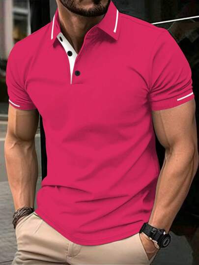 Manfinity Homme 男士拼色短袖休闲通勤Polo衫，夏季，男士粉色T恤，男士高尔夫球衫