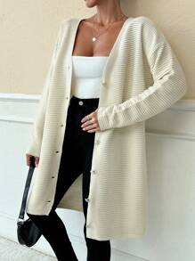 RueChic Women Elegant V Neck Texture Rib Knit Golden Button Detailed Oversize Cardigan - Apricot - View 5