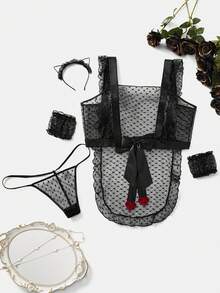 Plus Size Heart Mesh Sheer Lingerie Set - Black - View 1