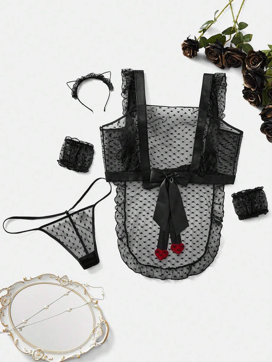 Plus Size Heart Mesh Sheer Lingerie Set - Black - View 1