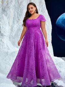 Plus Square Neck Purple Embossed Floral Elegant Multilayered 3D Floral Midi Dress, Wedding Event Dress,Party Dress,Gown,Formal,Evening,Wedding Guest