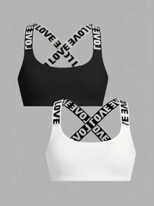 SHEIN Girlism 2pcs Tween Girls' Sports Comfortable Letter Print Elastic Crop Top With Padding Bras - Black - View 1
