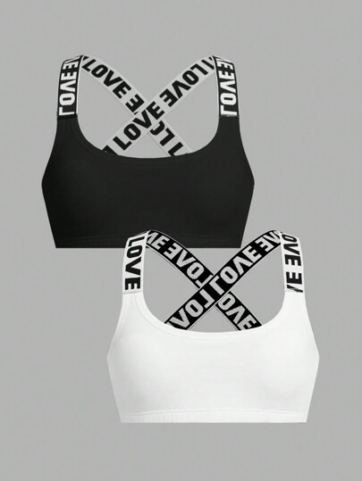 SHEIN 2 piezas Parte superior corta deportiva cómoda con estampado de letra y sujetador con relleno elástico para niñas preadolescentes