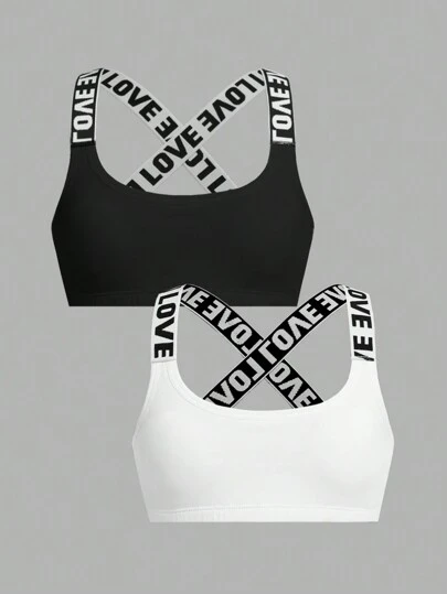 SHEIN 2pcs Tween Girls' Sports Comfortable Letter Print Elastic Crop Top With Padding Bras