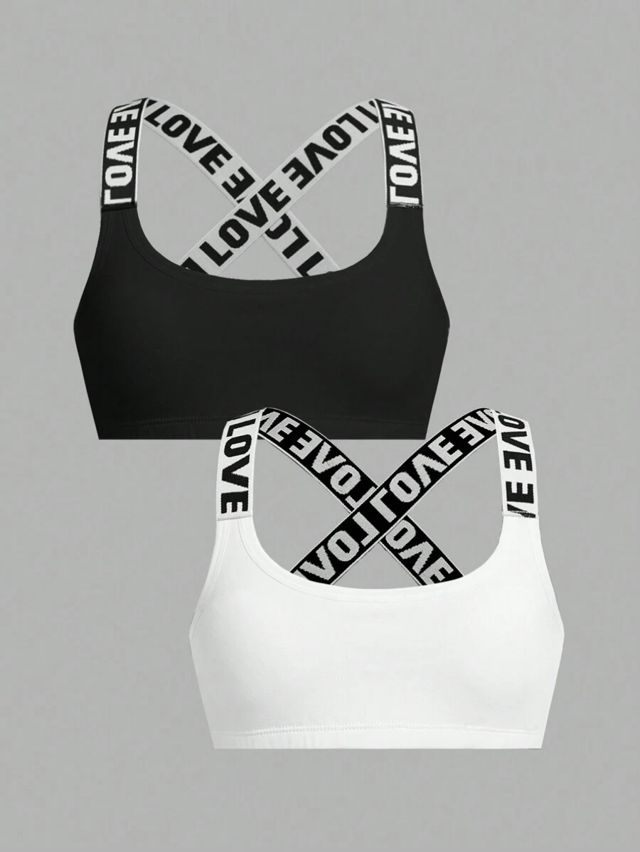 SHEIN Girlism 2pcs Tween Girls' Sports Comfortable Letter Print Elastic Crop Top With Padding Bras - Black - View 1