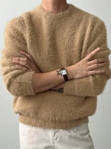 DAZY Men's Round Neck Long Sleeve Solid Color Fleece Sweater, Autumn - Camel - View 1