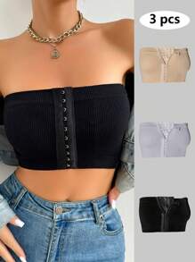 Women's Strapless Knitted Fabric Plain Casual Bra 3 Packs Built In - Multicolor - View 7