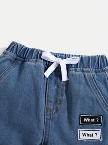SHEIN Quần Jogger Jeans Xanh Denim Dễ Thương Có Cạp Thun Co Giãn, Giản Dị, Đa Năng Cho Bé Trai Mặc Trong Nhà/Ngoài Trời - Rửa trung bình - Xem 3