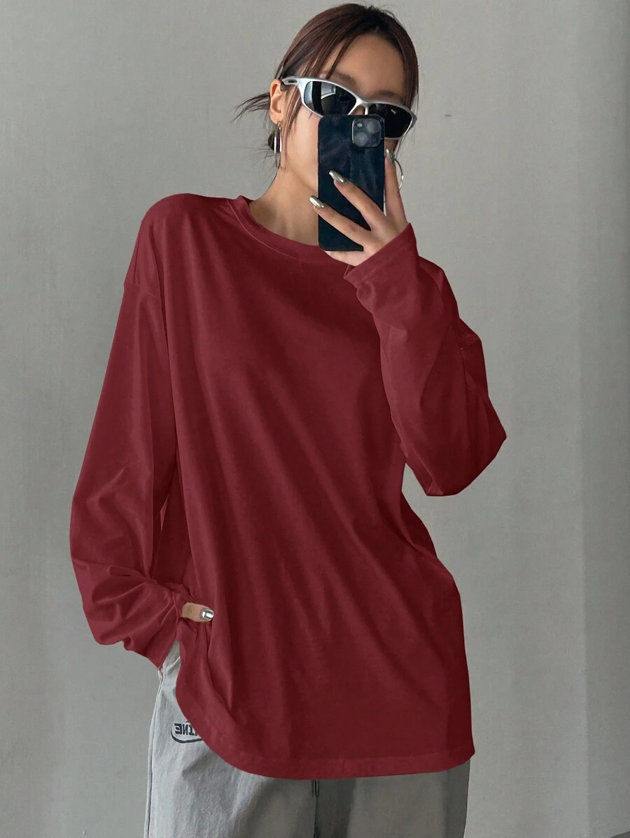 DAZY 女式宽松纯色圆领长袖T恤，秋季服装 - 酒紅色 - 查看 1