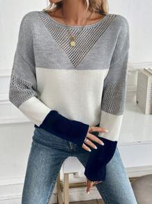 Chiquease Suéter casual de cuello redondo a bloques de color de manga larga para mujer