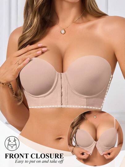 Sujetador sin aros con cierre frontal, con tirantes extraíbles, que realza el busto pequeño. Incluye tirantes regulares y tirantes transparentes para uso diario y formal