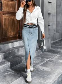 Aveloria Commuter Elegant Minimalist Line Embroidered Decor Long Sleeve Shirt Fall Cloth For Women