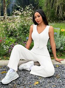 SHEIN PETITE 2件組女款夏季純色單排扣背心與牙籤褲休閒套裝，適合嬌小女性 - 白色 - 查看 4