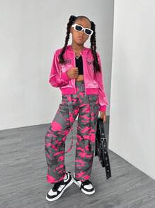 SHEIN 2pcs/Set Tween Girl Casual Outfit - Letter Print Hoodie Jacket And Camouflage Pants, Spring/Autumn