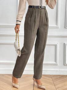 SHEIN Clasi Women's Plaid Print Slant Pocket Fold Pleated Pants, Waist Belt Not Included - Brown - View 6