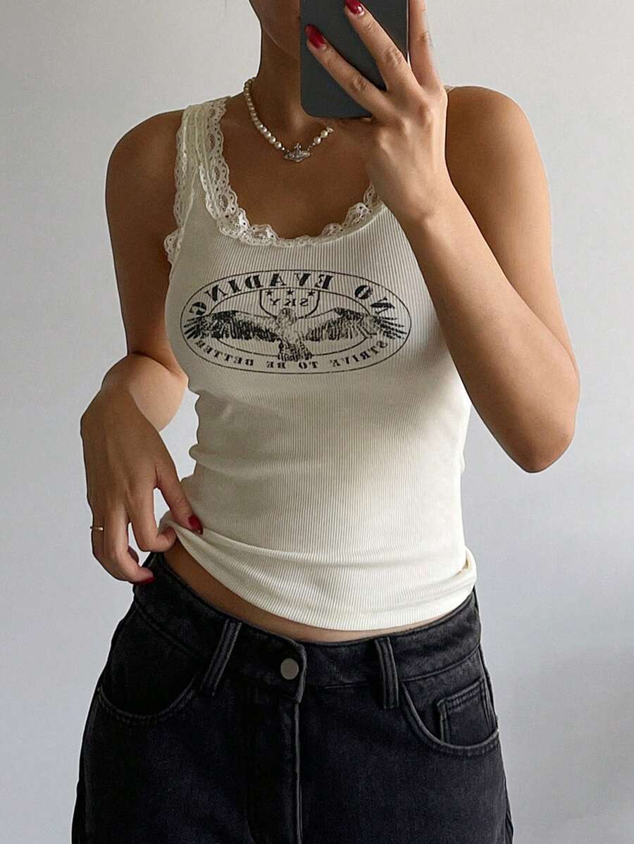 DAZY Casual Crew Neck Letter Print Tank Top Preppy Tops - Beige - View 1