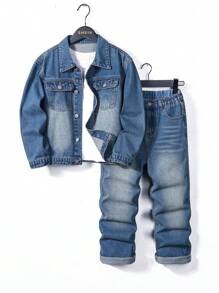 SHEIN 2 件套复古洗水男孩牛仔夹克 + 直筒牛仔裤，青少年服装 - 深色水洗藍 - 查看 1