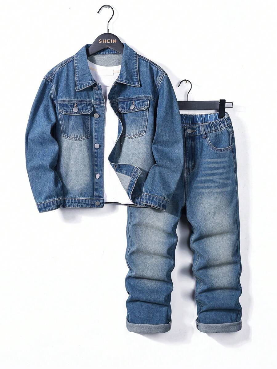 SHEIN 2 件套复古洗水男孩牛仔夹克 + 直筒牛仔裤,青少年服装 - 深色水洗藍 - 查看 1