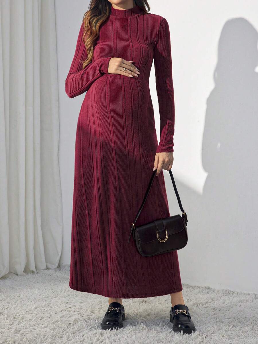SHEIN Zestaw ciążowy 2 szt.: Top typu bodycon z długim rękawem i stójką oraz spódnica w kształcie litery A z regulacją talii, dzianina w jednolitym kolorze, ciąża - Burgund - Zobacz 1