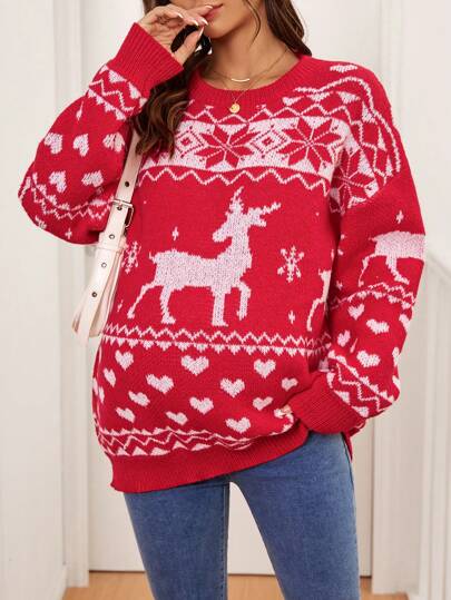 SHEIN Suéter casual de manga larga de hombro caído con patrón geométrico para mujeres embarazadas, apto para otoño/invierno