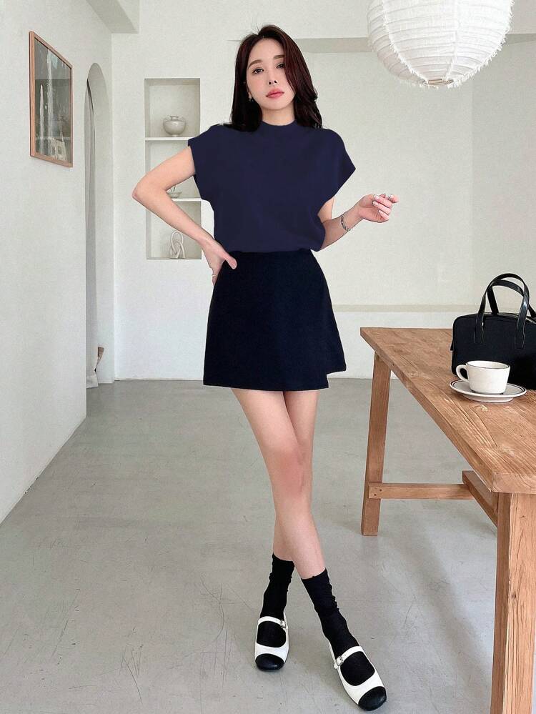 Women's Spring & Summer Solid Color Turtleneck Batwing Sleeve Knitted Top