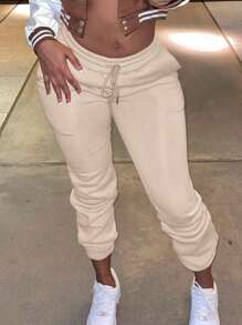 INAWLY Plus Size Solid Color Drawstring Waist Jogger Sweatpants - Apricot - View 3