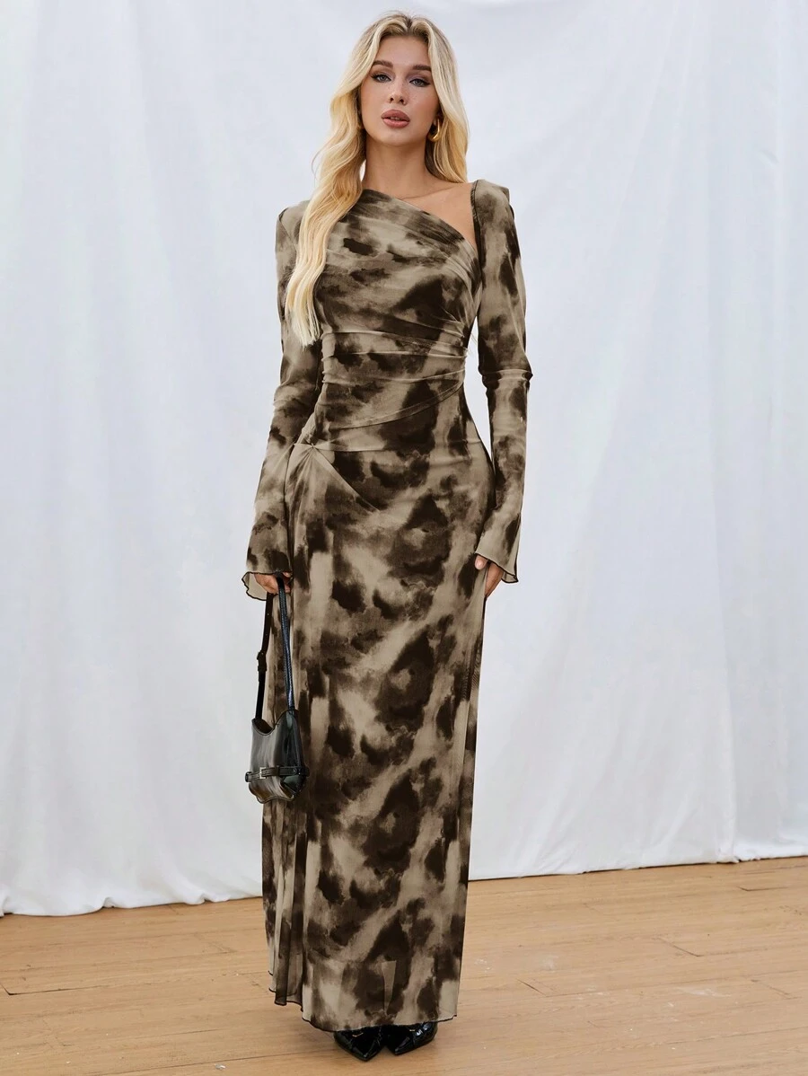 Siren Gaze 2024 Spring & Fall New Tie Dye Mesh Long Sleeve Flowing Hem Asymmetrical Neck Dress For Women Winter Casual - Multicolor - View 1