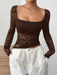 SHEIN EZwear Damen Spitze Kragen Langarm Eng anliegende modische Bluse für Frühling und Sommer