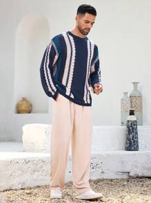 Manfinity Homme Men's Striped Long Sleeve Knit Sweater - Blue - View 5