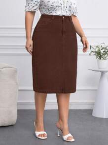 EMERY ROSE Plus Size Casual Solid Color Straight Stretch Denim Skirt - Coffee Brown - View 5
